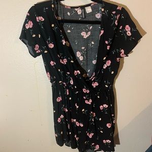 Black, pink, flower romper